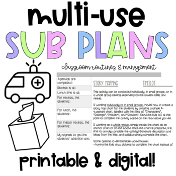 Preview of Multi-Use Sub Plans - Grab & Go - Low Prep || Emergency Plans for Grades 1-6!