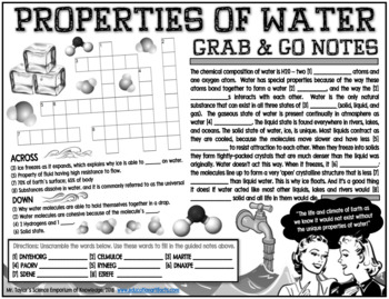 Preview of Grab-and-Go Notes: Properties of Water