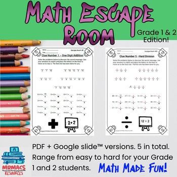 Preview of Grade 1 & 2 Differentiated Math Escape Room | All four operations | Digital