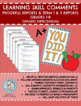 Preview of Grade 1-8 Learning Skills Comments - Progress Reports & Report Cards (Ontario)