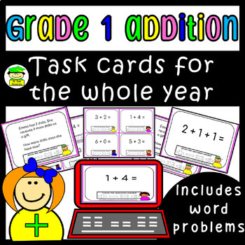 Preview of Grade 1 Addition Task Cards for Whole Year (Includes Digital Version)