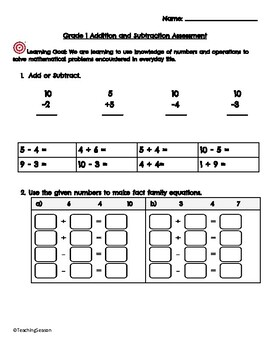 Preview of Grade 1 Addition and Subtraction Assessment