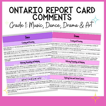 Preview of Grade 1 Arts Report Card Comment Guide - Aligned with Ontario Curriculum