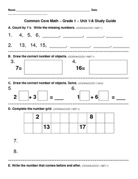 Preview of Grade 1 Common Core Math Unit 1 ~ Study Guides & Assessments