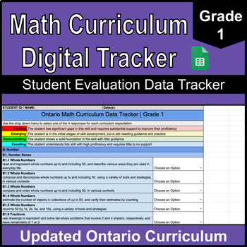 Preview of Grade 1 Digital Math Data Tracker | Ontario Math Curriculum | Google Sheets