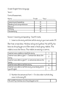 Preview of Grade 1 English Home Language Term 1 Assessment