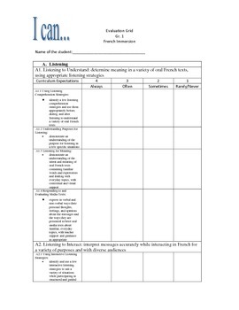 Preview of Grade 1 French Immersion Evaluation Grid Rubric Ontario Curriculum