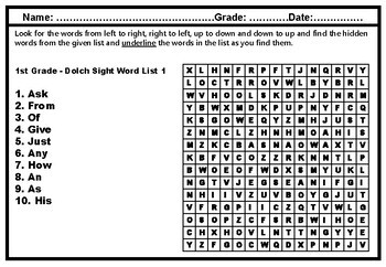 grade 1 grade 2 grade 3 dolch sight words word search