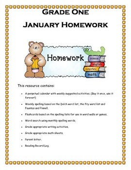 Preview of Grade 1 January Homework Calendar