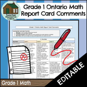 Preview of Grade 1 MATH Ontario Report Card Comments (Use with Google Docs™)
