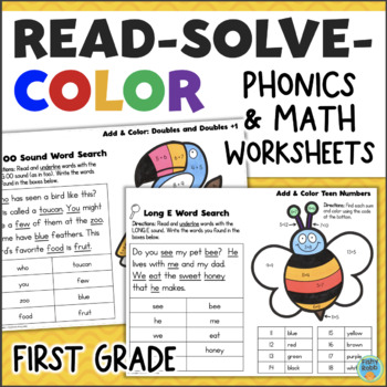 Preview of Fast Finisher Worksheets Phonics Addition Subtraction Color By Number 1st Grade