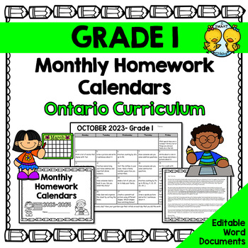 Preview of Grade 1 Homework Calendars 2023-2024 (Editable)