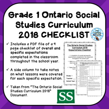 Preview of Grade 1 ONTARIO SOCIAL STUDIES CURRICULUM 2018 EXPECTATIONS CHECKLIST