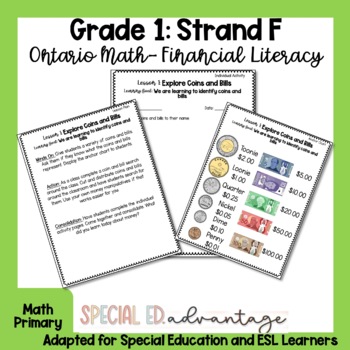Preview of Grade 1 Ontario Math FULL Financial Unit created with Special Education in mind