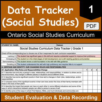 Preview of Grade 1 Ontario Social Studies Student Data Tracker | PDF