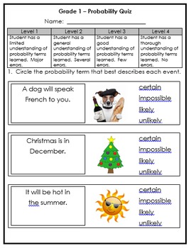 grade 1 probability quiz by leanne howse teachers pay teachers