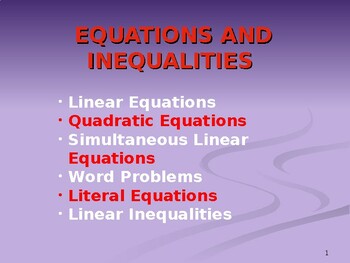 Preview of Grade 10 Maths:  Equations and inequalities in PowerPoint.