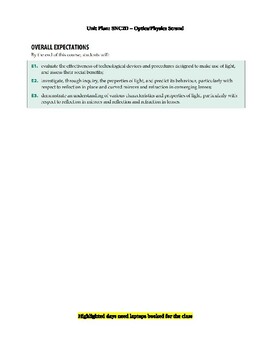 Preview of Grade 10 Optics Unit Plan 