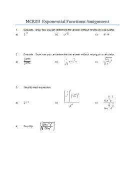 Preview of Grade 11 Functions MCR3U Math Ch3 Exponential Functions Test Package