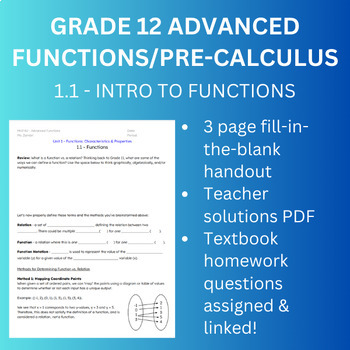 Preview of Grade 12 Advanced Functions/Pre-Calculus • Unit 1.1: Intro to Functions