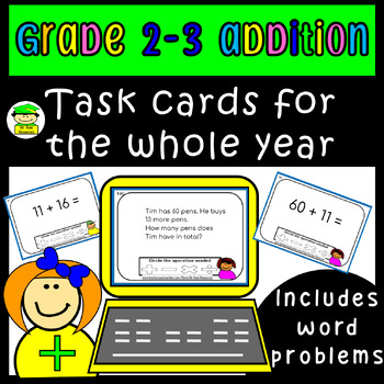 Preview of Grade 2-3 Addition Task Cards for Whole Year (Includes Digital Version)