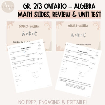 Preview of Grade 2/3 Ontario Algebra Math Slides, Unit Tests & Reviews