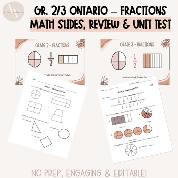 Preview of Grade 2/3 Ontario Fractions Math Slides, Unit Tests & Reviews