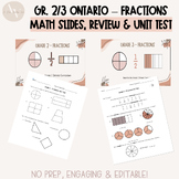 Grade 2/3 Ontario Fractions Math Slides, Unit Tests & Reviews