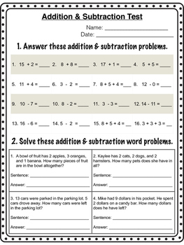 Grade 2 Addition & Subtraction Test by Miss Page's Classroom | TpT