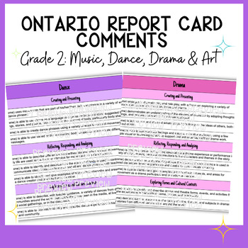 Preview of Grade 2 Arts Report Card Comment Guide - Aligned with Ontario Curriculum