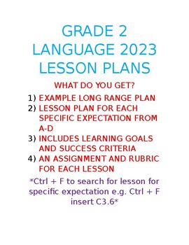 Preview of Grade 2 Language 2023 Lesson Plans A-D (55+ Lesson Plans)