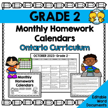 Preview of Grade 2 Homework Calendars 2023-2024 (Editable)