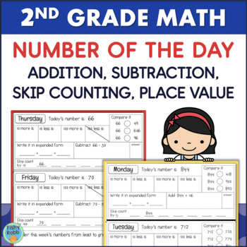 Preview of 2nd Grade Place Value to 1000 Addition Subtraction NUMBER OF THE DAY Worksheets