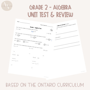Preview of Grade 2 Ontario Algebra Unit Test & Review