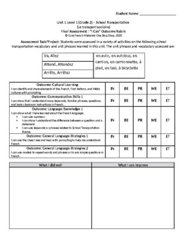 Preview of Grade 2 (SK Level 1) Core French School Transportation Assessment Rubric