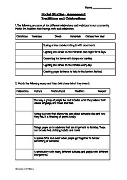 Preview of Grade 2 Traditions and Celebrations Test, Rubric and Study Guide
