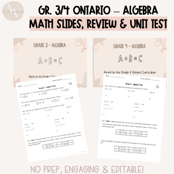 Preview of Grade 3/4 Ontario Algebra Math Slides, Unit Tests & Reviews