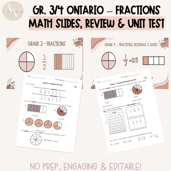 Preview of Grade 3/4 Ontario Fractions Math Slides, Unit Tests & Reviews