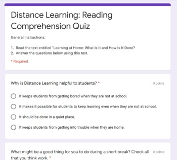 Preview of Grade 3-5 Distance Learning Google Classroom Reading Comprehension Quiz