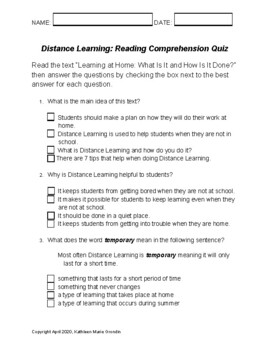 Preview of Grade 3-5 Distance Learning Reading Comprehension Quiz Fillable PDF