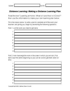 Preview of Grade 3-5 Distance Learning Student Work Plan Fillable PDF