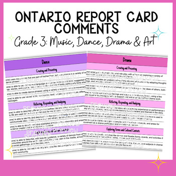 Preview of Grade 3 Arts Report Card Comment Guide - Aligned with Ontario Curriculum