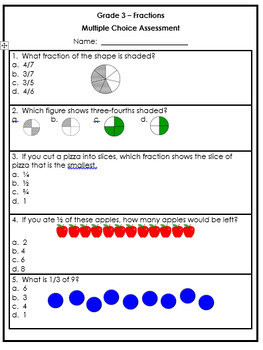 grade 3 fractions multiple choice assessment by leanne