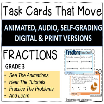 Preview of Grade 3 Fractions Task Cards | Animated, Audio, Digital & Printable