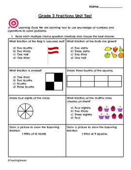 Preview of Grade 3 Fractions Unit Test * Based on Ontario's New Math Curriculum