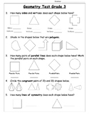 Grade 3 Geometry Math Test Ontario Curriculum- Answers Included