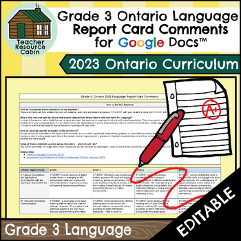 Preview of Grade 3 LANGUAGE Report Card Comments | 2023 Ontario (Use with Google Docs™)