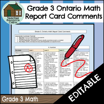 Preview of Grade 3 MATH Ontario Report Card Comments (Use with Google Docs™)