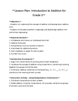 Preview of Grade 3 Math Unit 1 (Addition) Lesson Plan 2