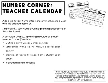 Preview of Grade 3 Number Corner Teacher Planning Calendar (Supplemental, Teacher-Created)